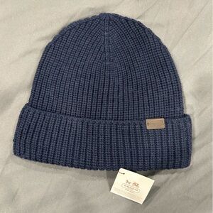 Coach Dark Blue Knit Beanie 100% merino wool with leather patch nwt